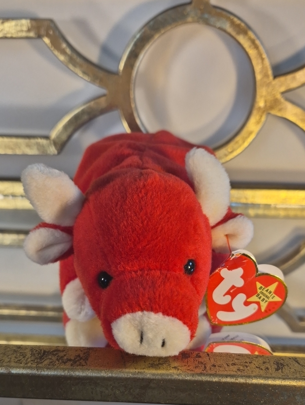 TY Original Beanie Baby 1995 Snort the Bull Plush, 8.5", Red.